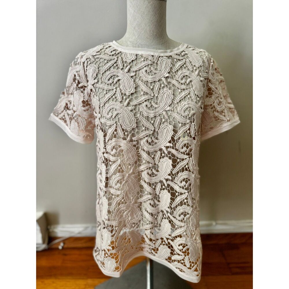 Ann Taylor LOFT Paisley Knit Crochet Lace Top Shirt Cover Up Soft Pink Size S